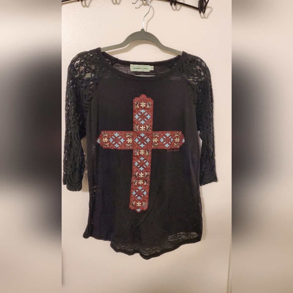 3/4 Sleeve Black Lace Tee / Cross